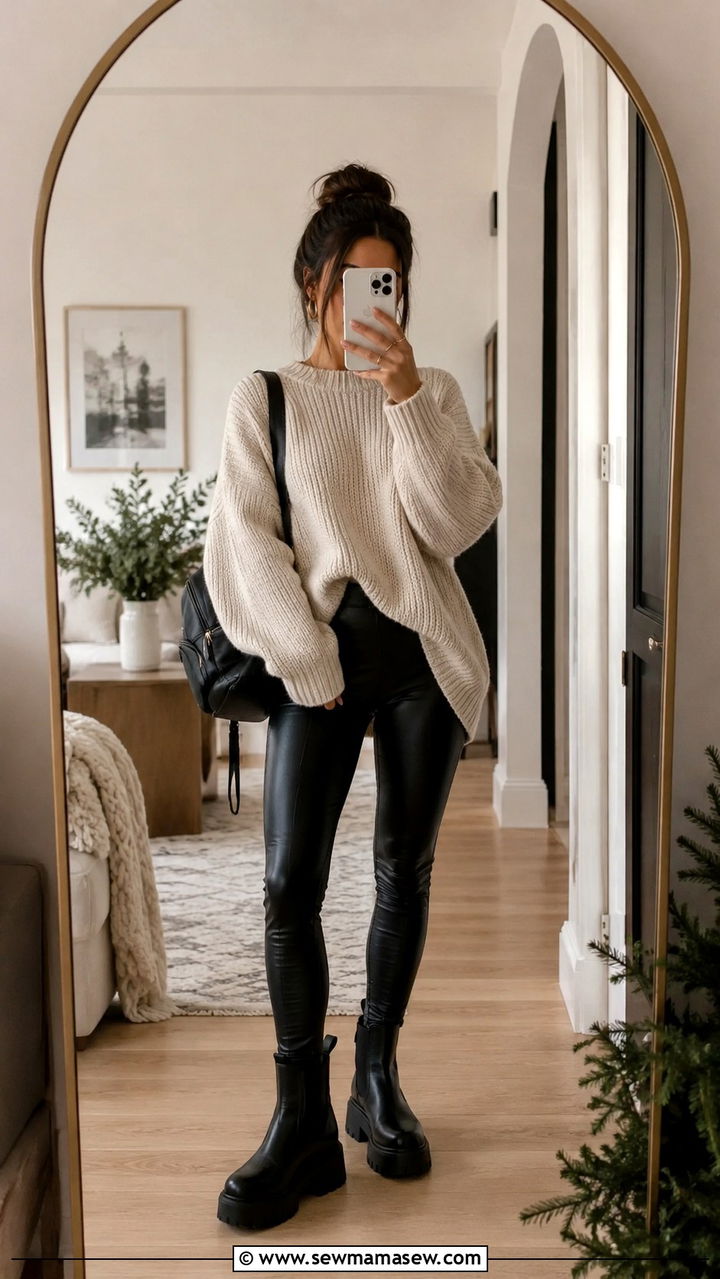 Oversized knit sweater with faux leather leggings and chunky sole boots - 25 Petite outfit ideas affordable