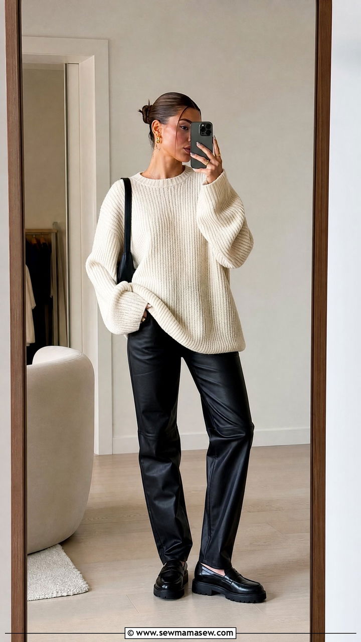 Oversized knit sweater with leather pants and loafers - 35 Hailey Bieber spring outfit ideas