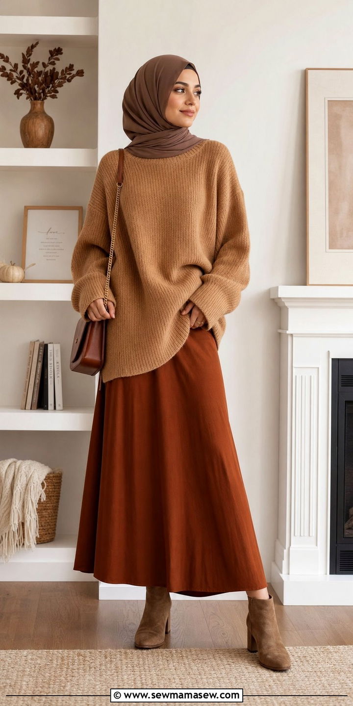 Oversized knit sweater with maxi skirt and ankle boots - 25 classy outfits for hijab women