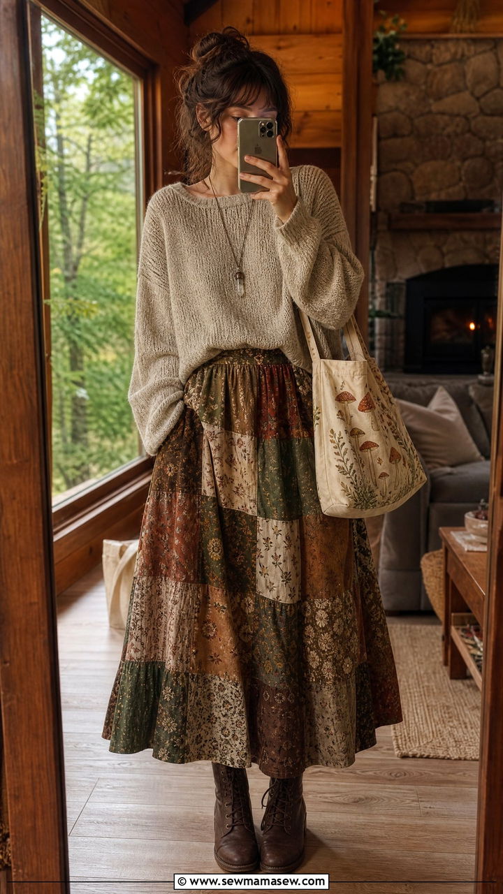 Oversized knit sweater with patchwork maxi skirt and lace up boots - 30 Goblincore outfit ideas