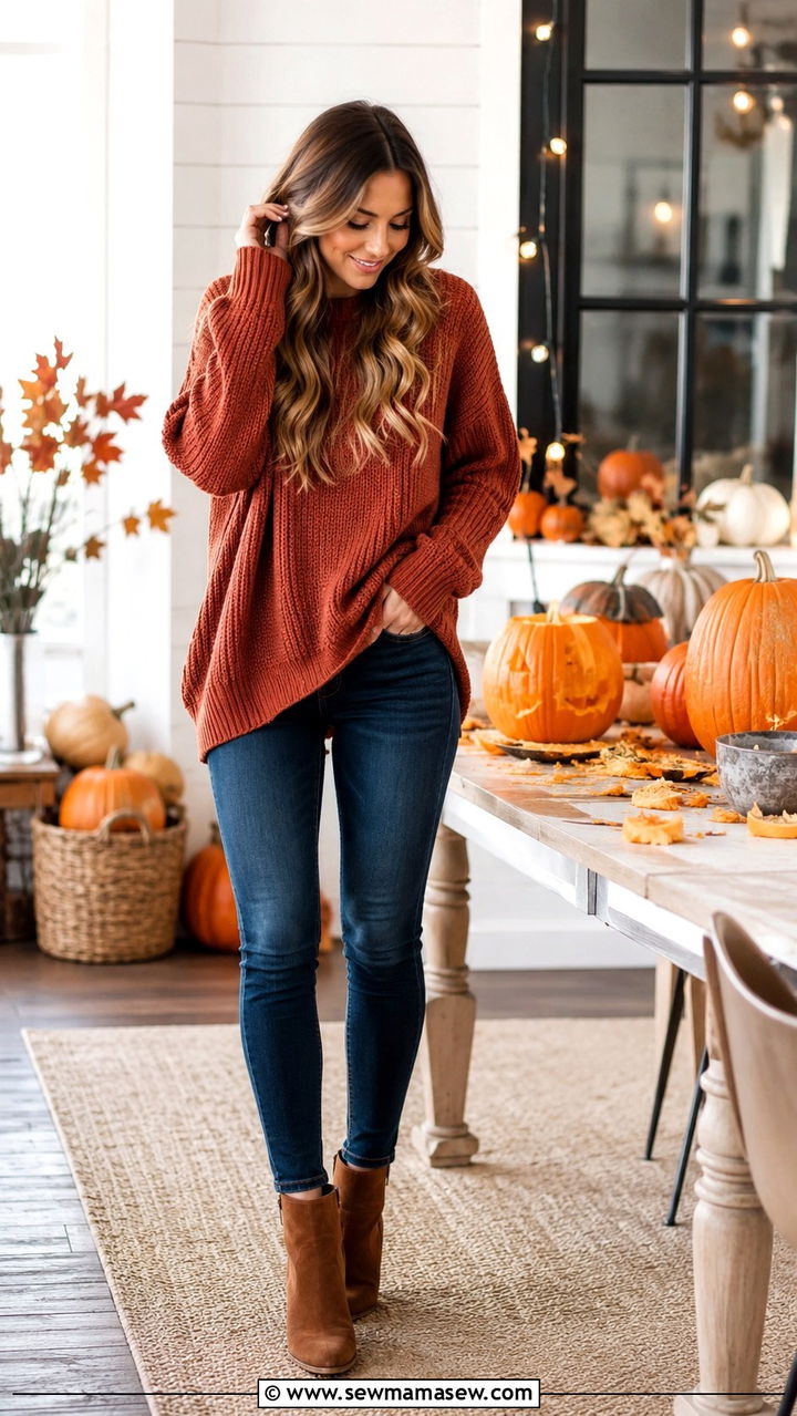 Oversized knit sweater with skinny jeans and ankle boots - 30 Pumpkin carving party outfit ideas