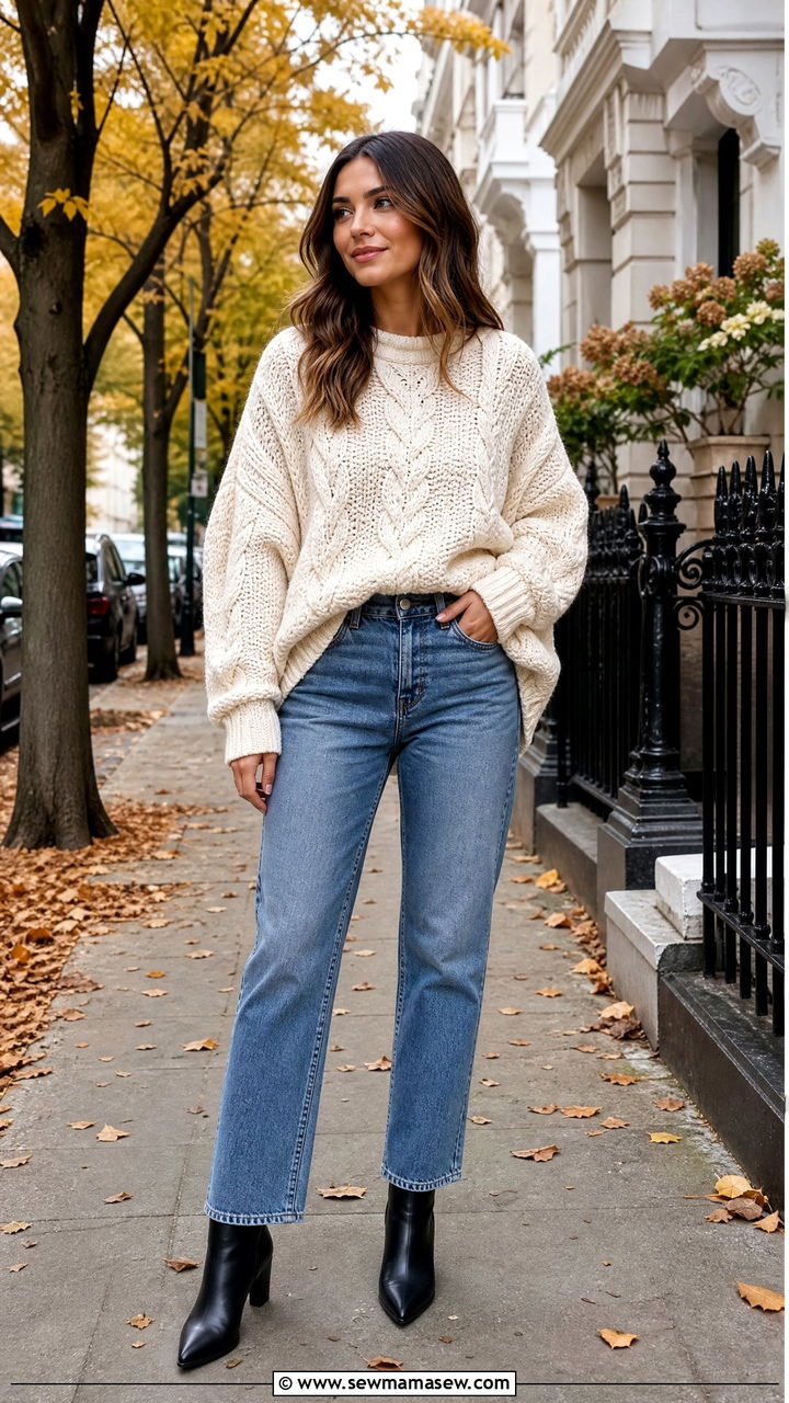 Oversized knit sweater with straight leg jeans and ankle boots - 30 First cold day outfits