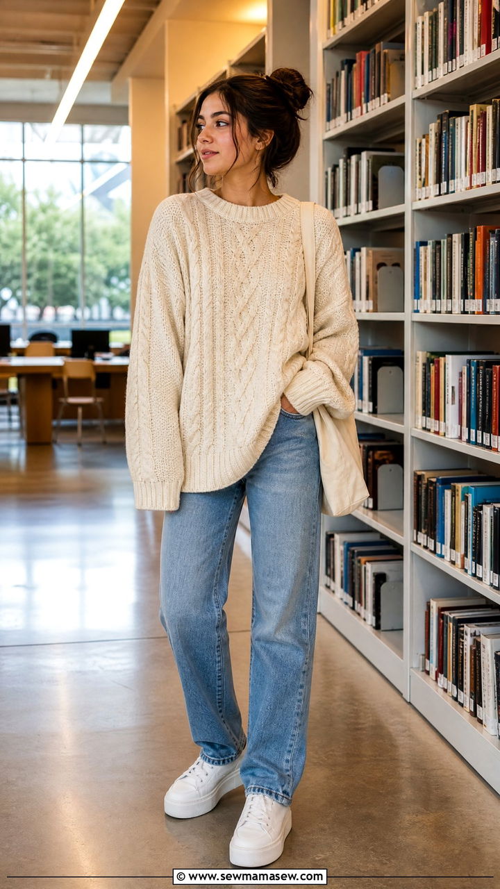 Oversized knit sweater with straight leg jeans and platform sneakers - 30 College library outfit ideas