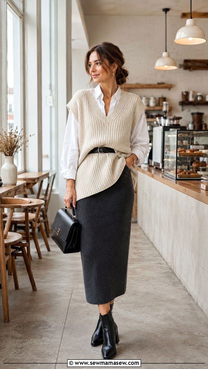 Oversized knit vest with white shirt and midi skirt - 25 Scandinavian cozy outfit ideas