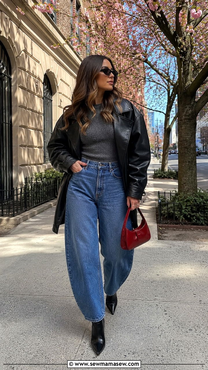Oversized leather jacket with barrel jeans - 30 Spring outfits with leather jackets