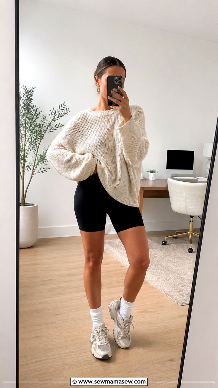 Oversized lightweight sweater with biker shorts and crew socks - 30 Spring outfit ideas for work from home