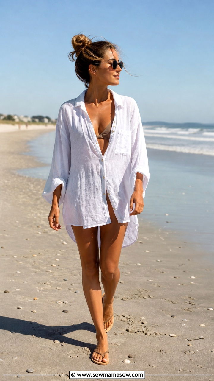 Oversized linen shirt worn as a coverup over a swimsuit with flipflops - 40 What to wear in Charleston