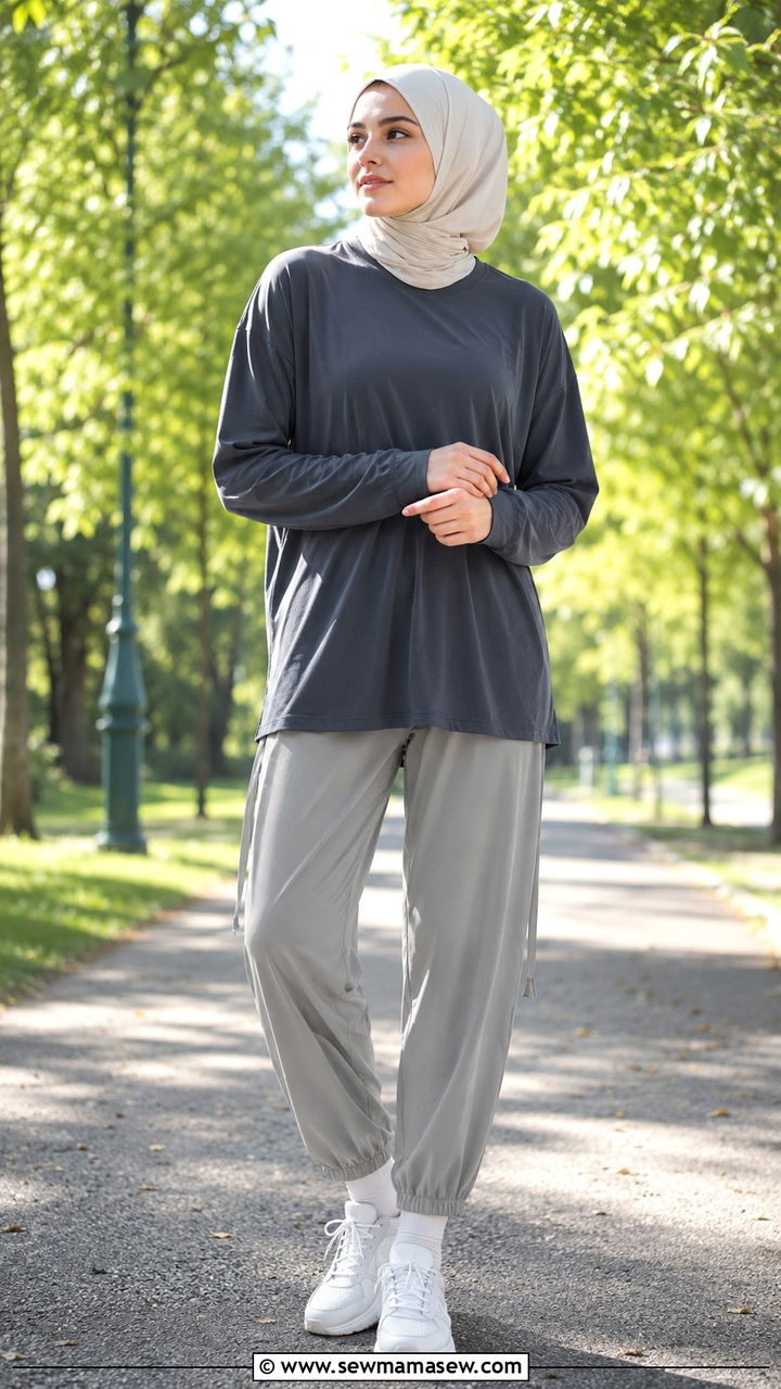 Oversized long sleeve tee with loose joggers and sports hijab - 25 Modest running outfit ideas with hijab