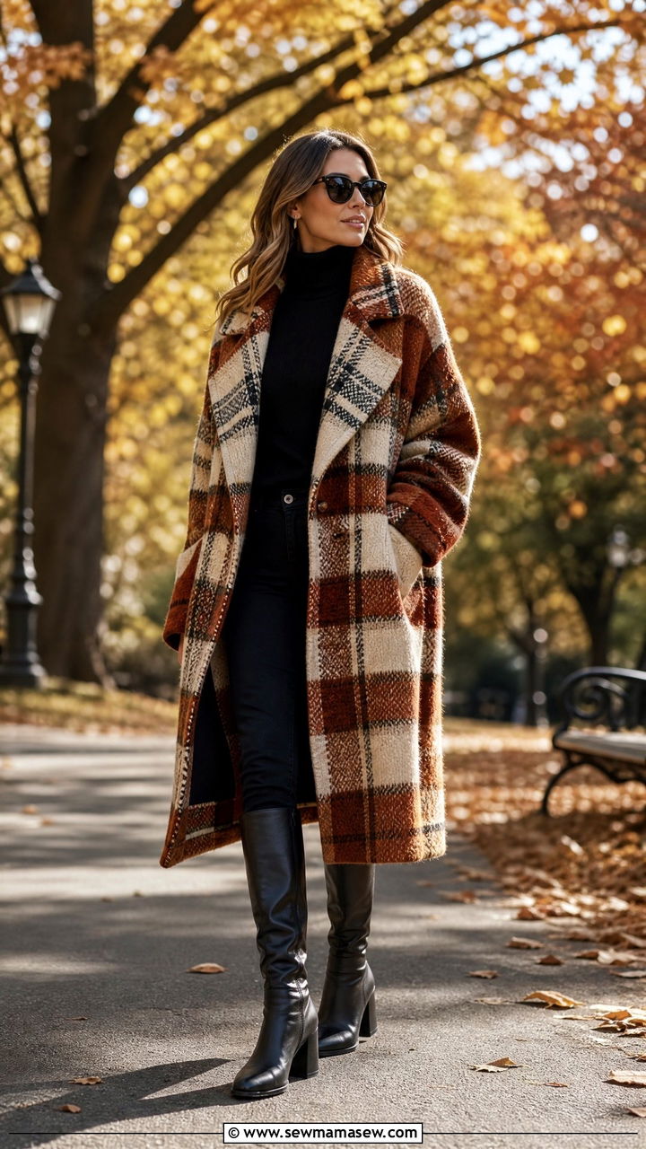 Oversized plaid coat with turtleneck and boots - 25 French girl outfit ideas Emily in Paris style