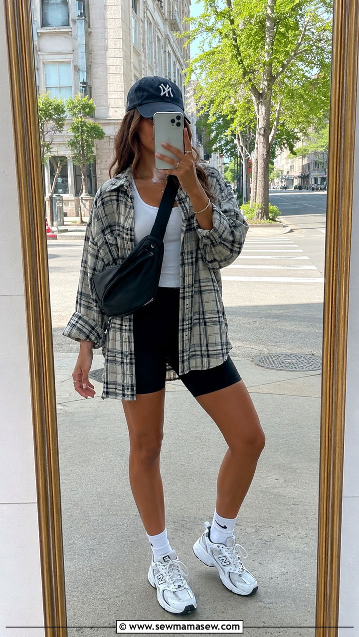 Oversized plaid shirt with biker shorts and sneakers - 30 Spring plaid outfits