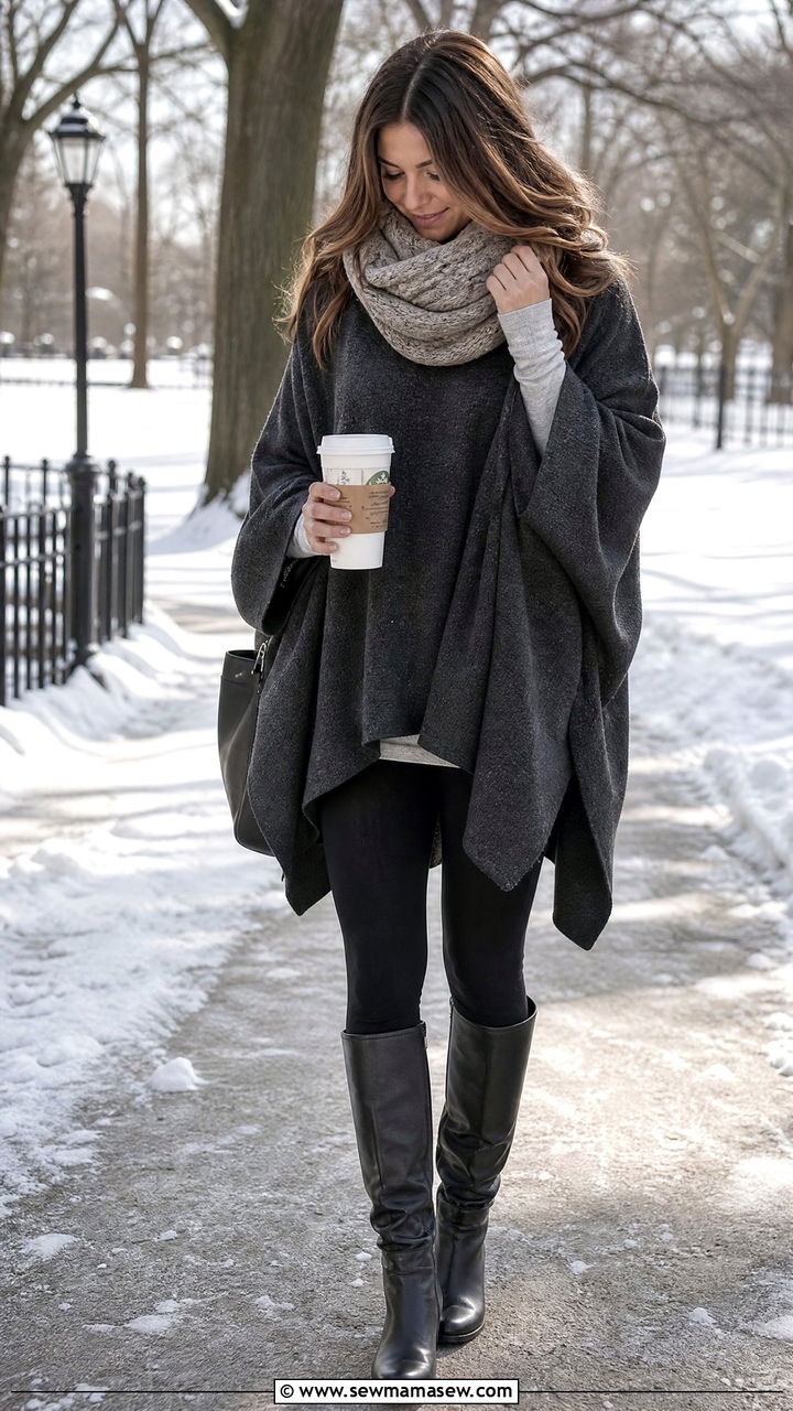 Oversized poncho with leggings and flat boots - 40 Poncho outfit ideas