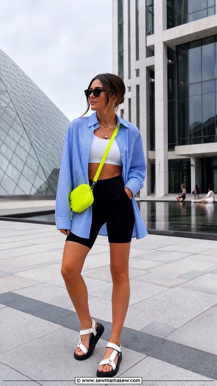 Oversized poplin shirt and bike shorts outfit - 30 Summer weekend getaway outfits