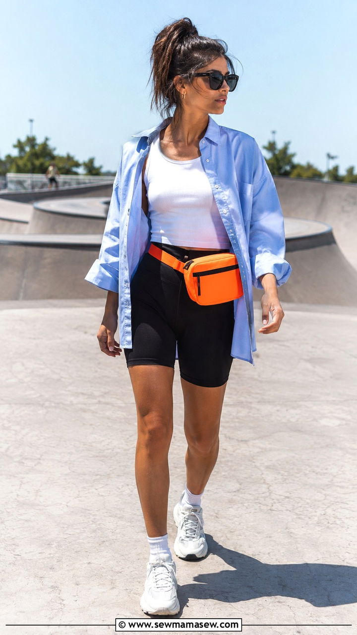 Oversized poplin shirt with bike shorts - 30 Playful summer outfit ideas