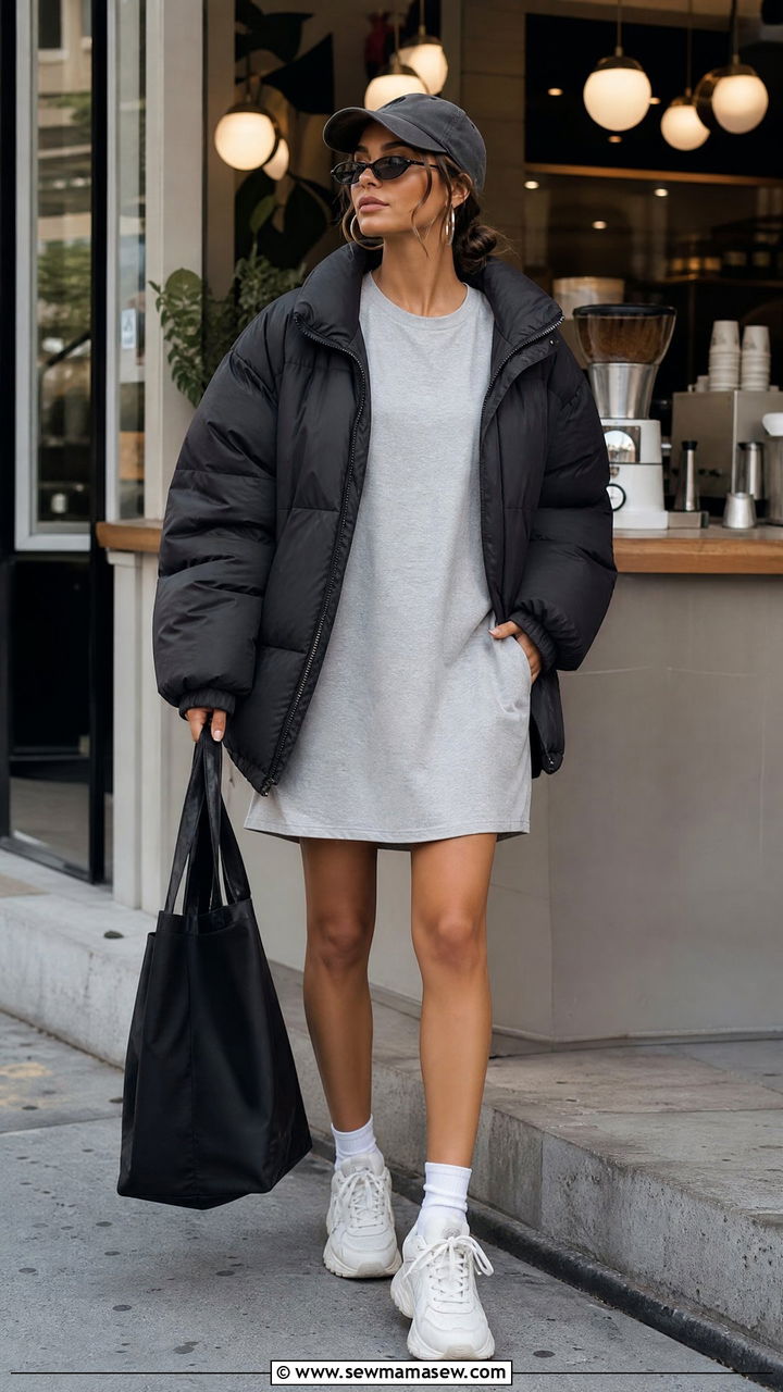 Oversized puffer jacket over a t shirt dress and chunky sneakers - 25 Spring outfits with puffer jacket