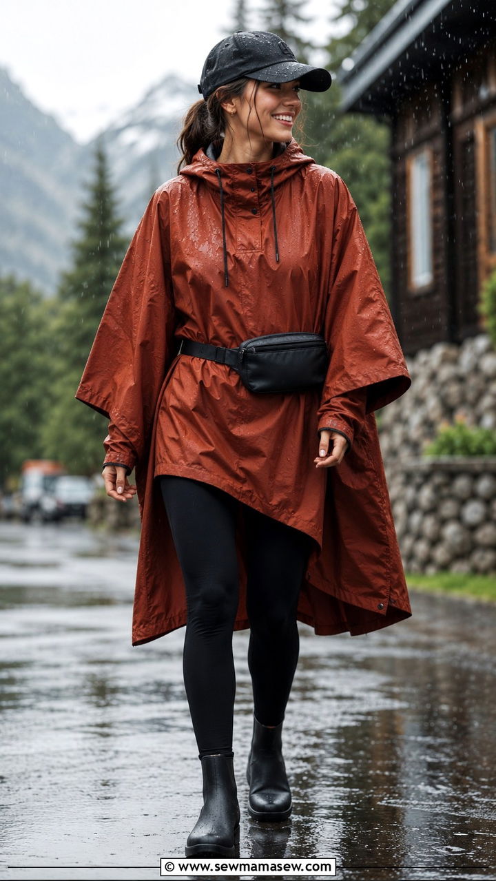 Oversized rain poncho with fitted leggings outfit - 20 Thunderstorm outfit ideas