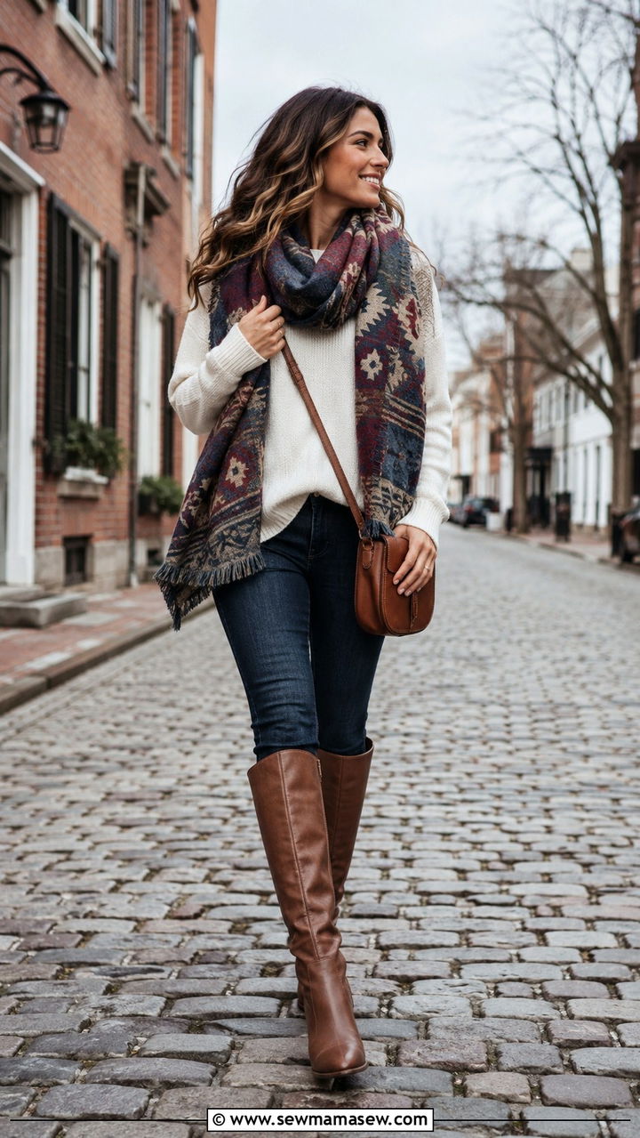 Oversized scarf as a statement piece with a sweater and skinny jeans - 30 Overcast day outfit ideas