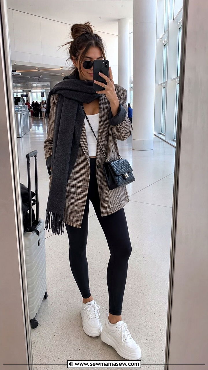 Oversized scarf with blazer and leggings airport outfit - 25 Airport outfit ideas with oversized scarf