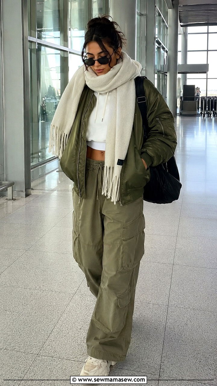 Oversized scarf with bomber jacket and cargo pants airport look - 25 Airport outfit ideas with oversized scarf