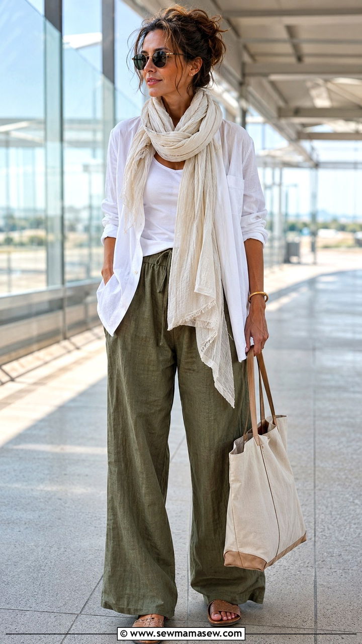 Oversized scarf with button down shirt and wide leg pants airport outfit - 25 Airport outfit ideas with oversized scarf