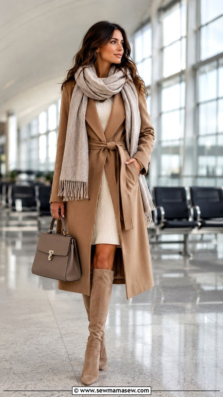 Oversized scarf with camel coat and sweater dress travel outfit - 25 Airport outfit ideas with oversized scarf