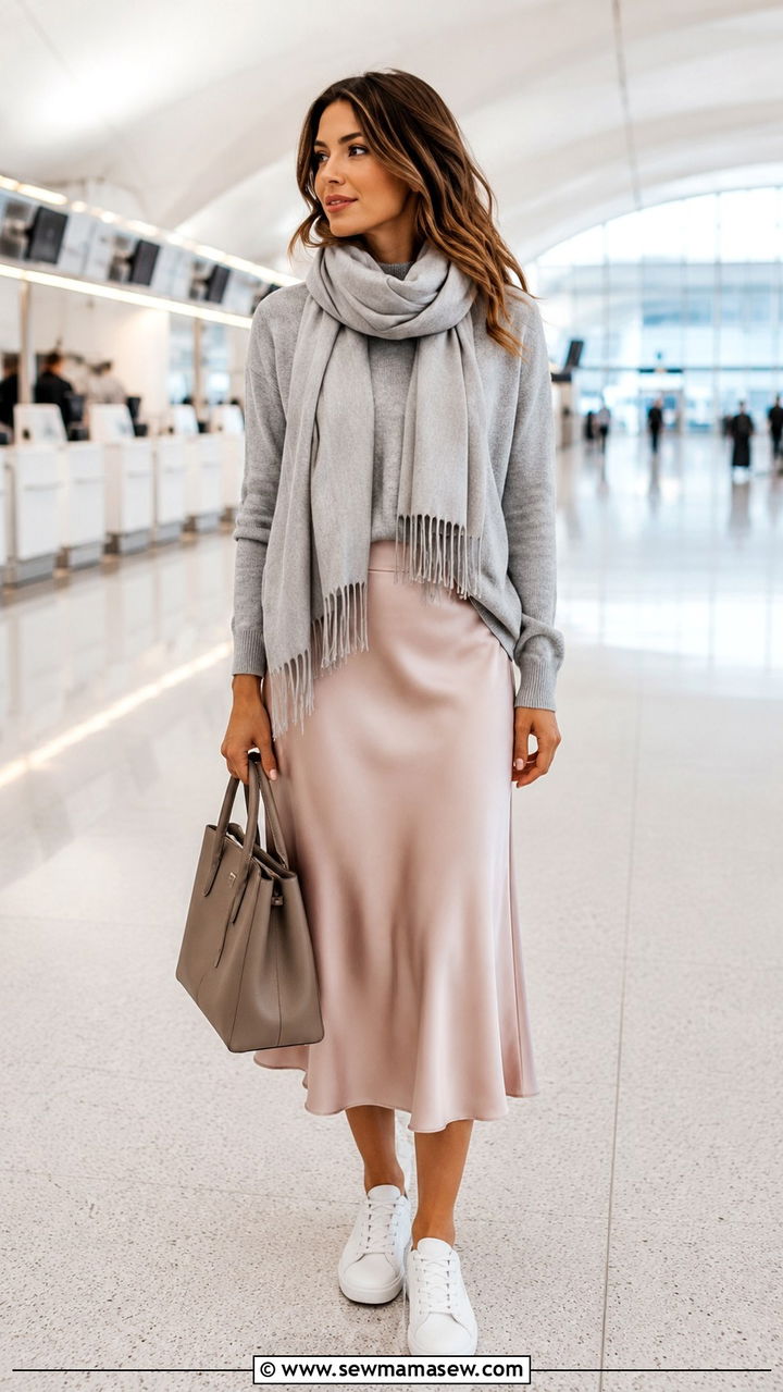 Oversized scarf with cashmere sweater and satin midi skirt travel outfit - 25 Airport outfit ideas with oversized scarf