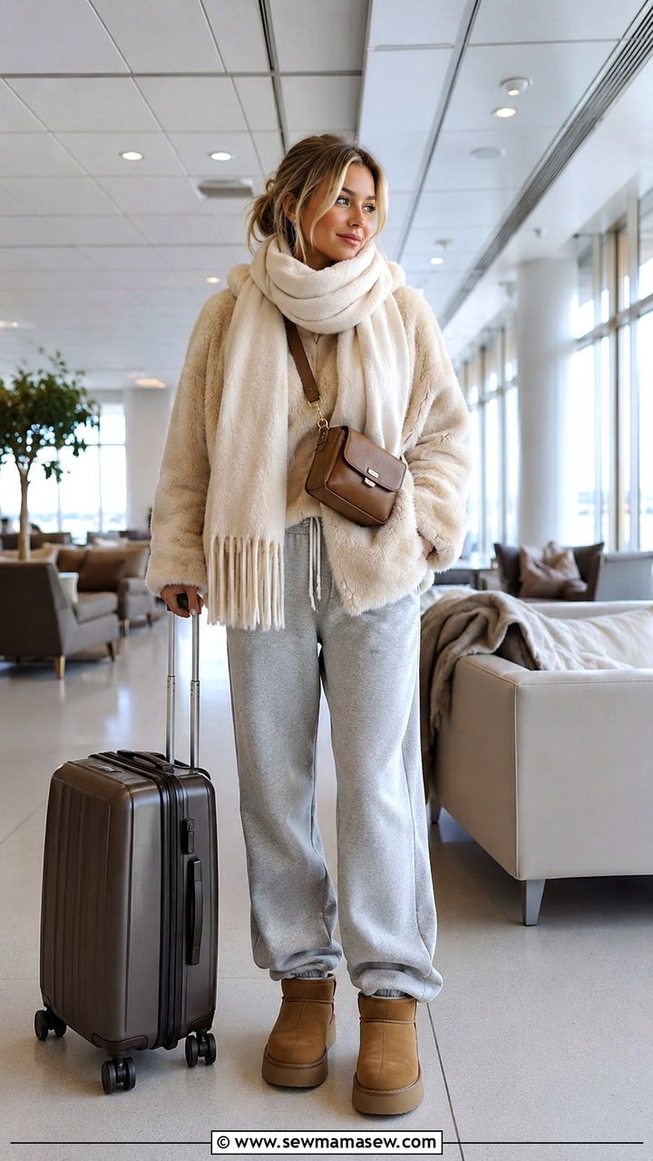Oversized scarf with faux fur jacket and joggers airport outfit - 25 Airport outfit ideas with oversized scarf