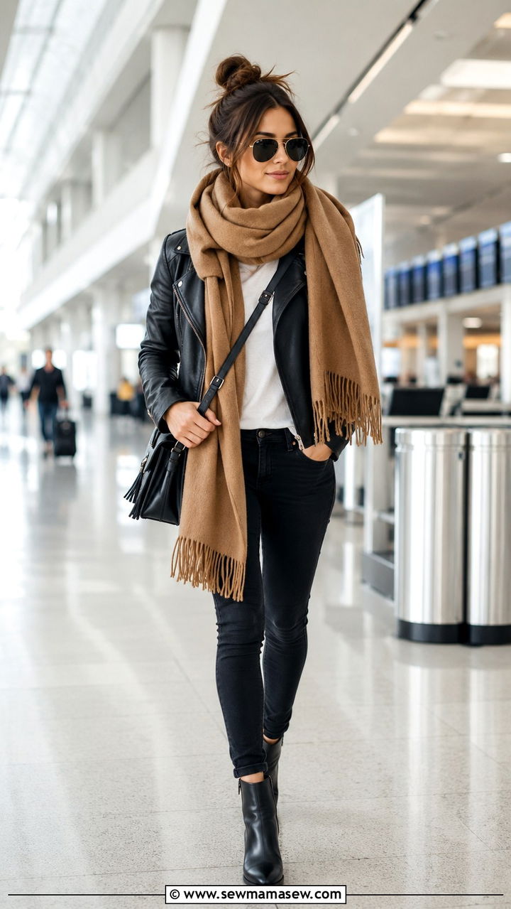 Oversized scarf with leather jacket and skinny jeans airport outfit - 25 Airport outfit ideas with oversized scarf