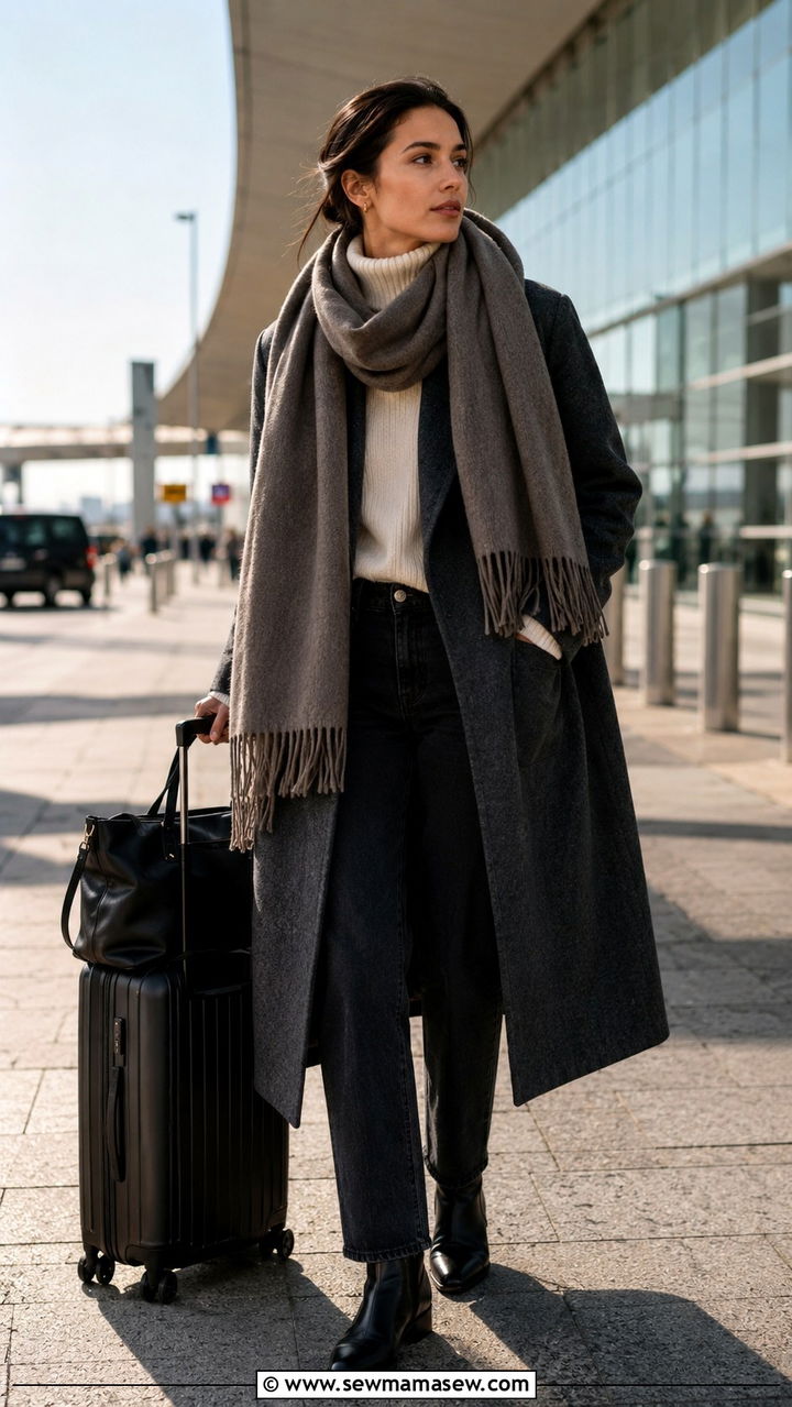 Oversized scarf with long wool coat and turtleneck travel outfit - 25 Airport outfit ideas with oversized scarf