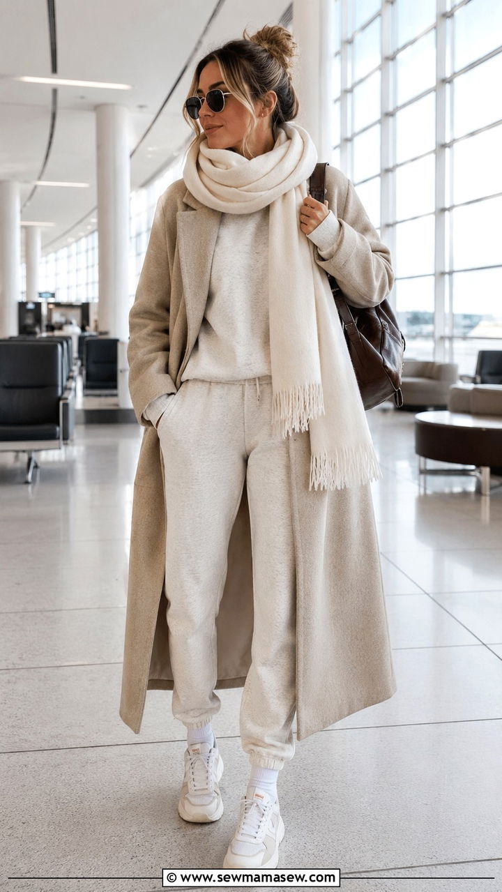 Oversized scarf with matching sweat set travel outfit - 25 Airport outfit ideas with oversized scarf