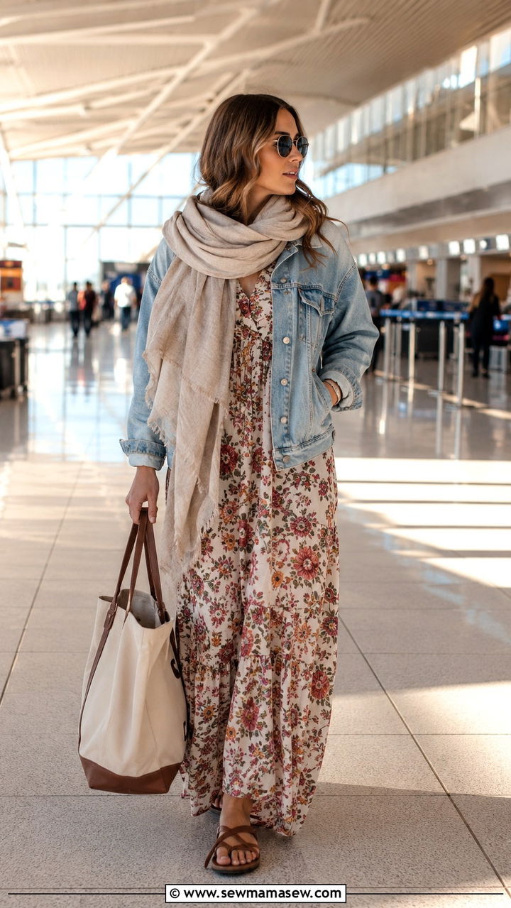 Oversized scarf with maxi dress and denim jacket airport outfit - 25 Airport outfit ideas with oversized scarf