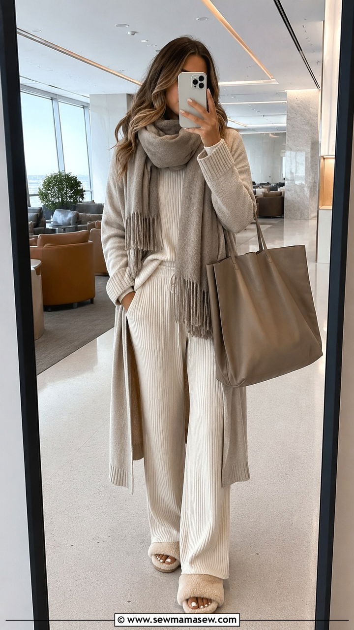 Oversized scarf with oversized cardigan and knit set travel look - 25 Airport outfit ideas with oversized scarf