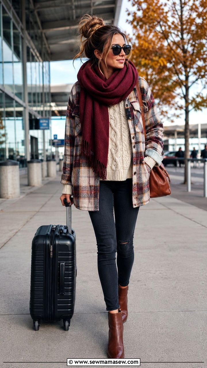 Oversized scarf with plaid shacket and ankle boots airport look - 25 Airport outfit ideas with oversized scarf