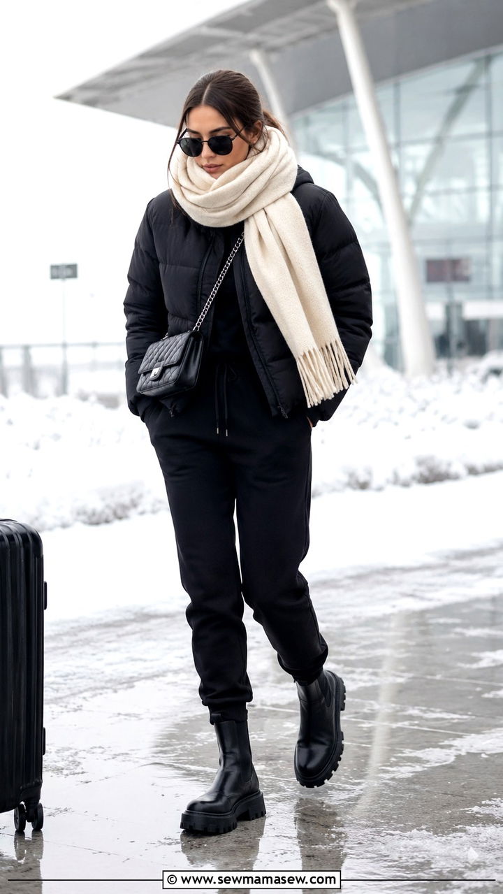 Oversized scarf with puffer jacket and joggers winter travel outfit - 25 Airport outfit ideas with oversized scarf
