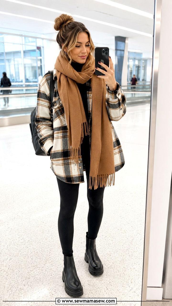 Oversized scarf with shacket and leggings travel look - 25 Airport outfit ideas with oversized scarf