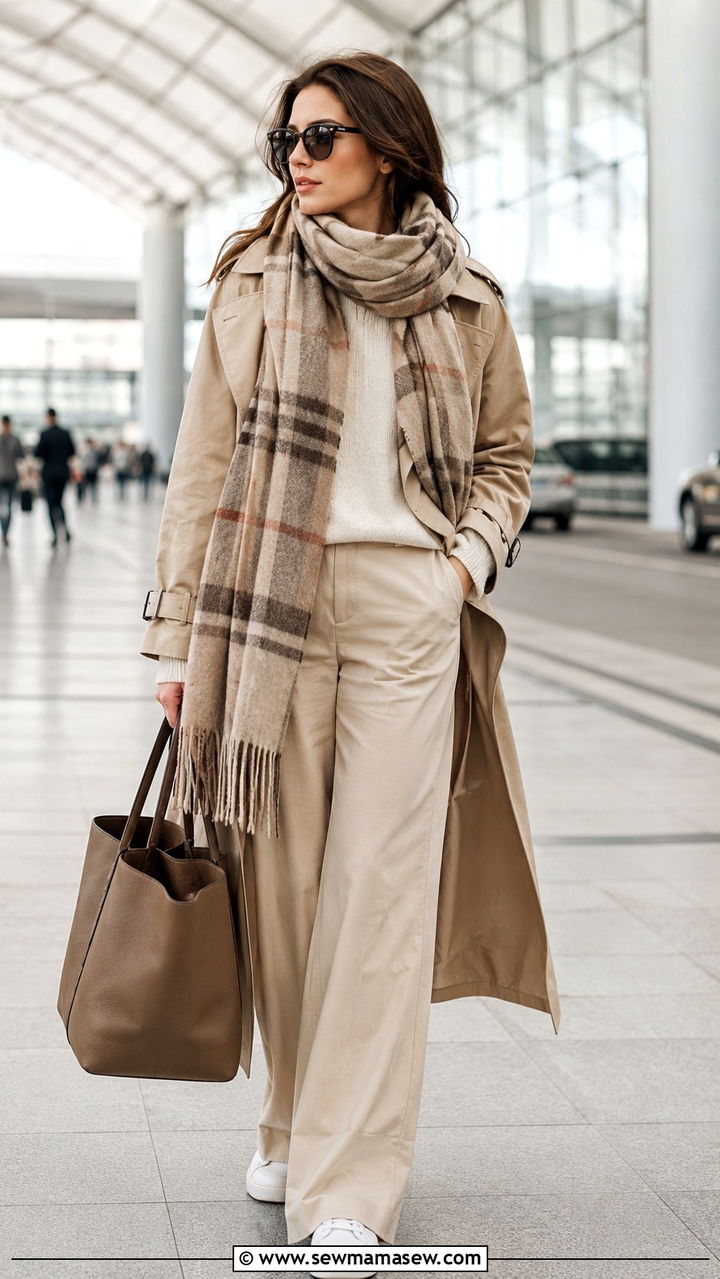 Oversized scarf with trench coat and wide leg trousers travel look - 25 Airport outfit ideas with oversized scarf