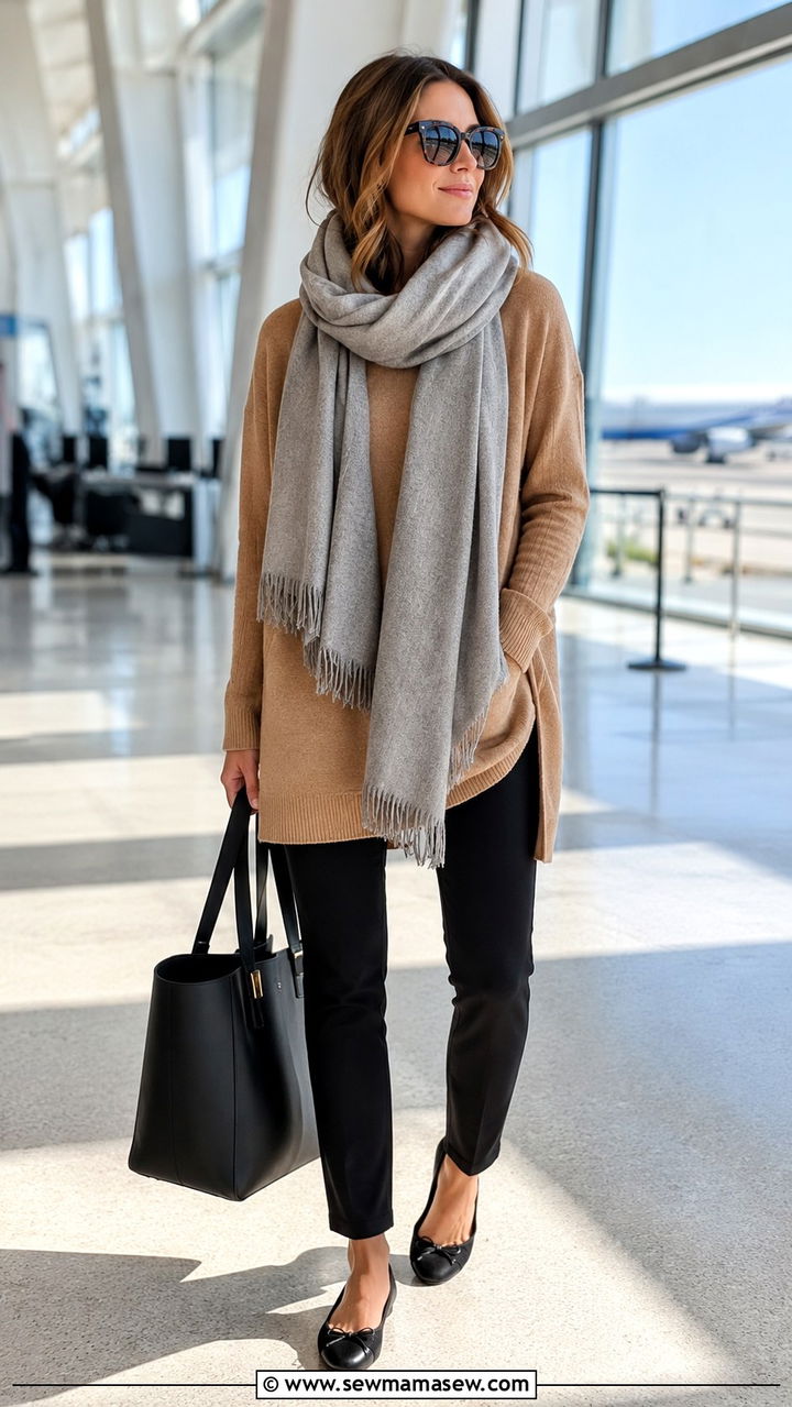 Oversized scarf with tunic sweater and ponte pants airport outfit - 25 Airport outfit ideas with oversized scarf