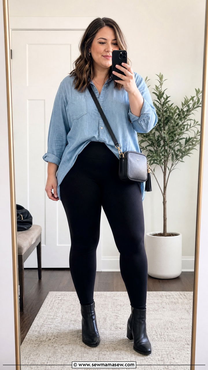 Oversized shirt and thick leggings outfit for women with tummy - 25 casual outfits for women with tummy
