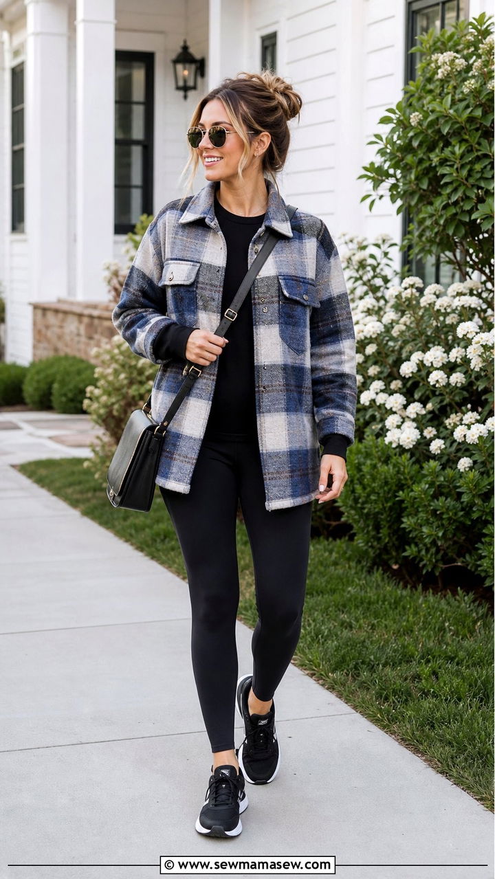 Oversized shirt jacket with leggings and sneakers - 25 spring early spring outfit ideas