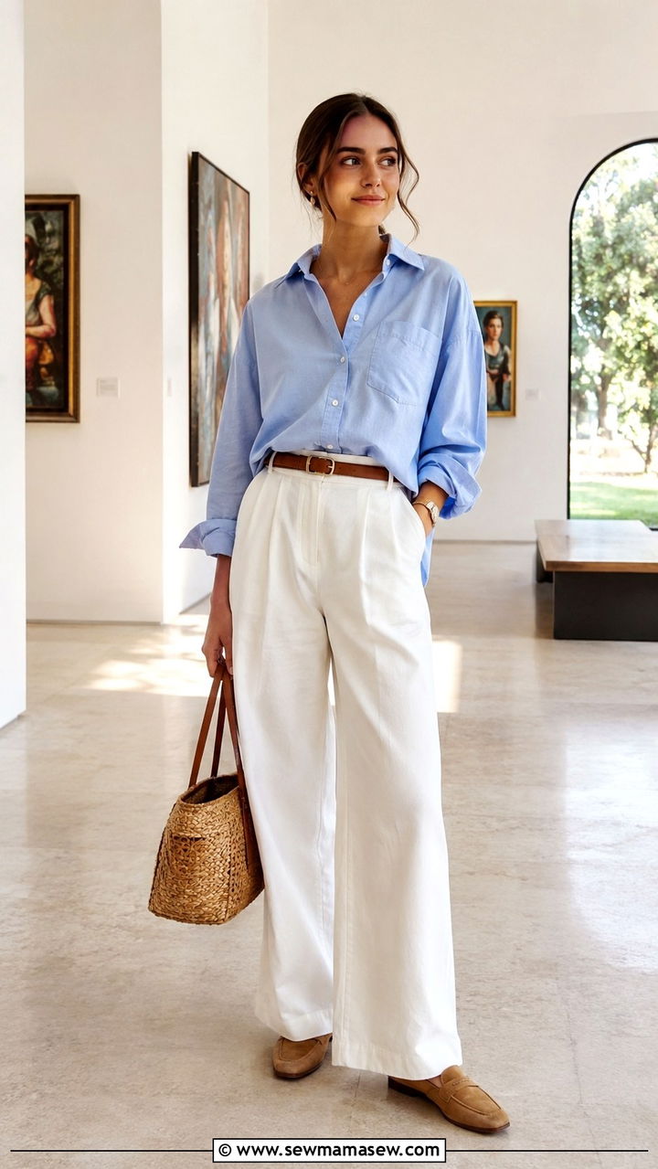 Oversized shirt with white trousers modest vacation outfit - 30 Modest outfit ideas for vacation