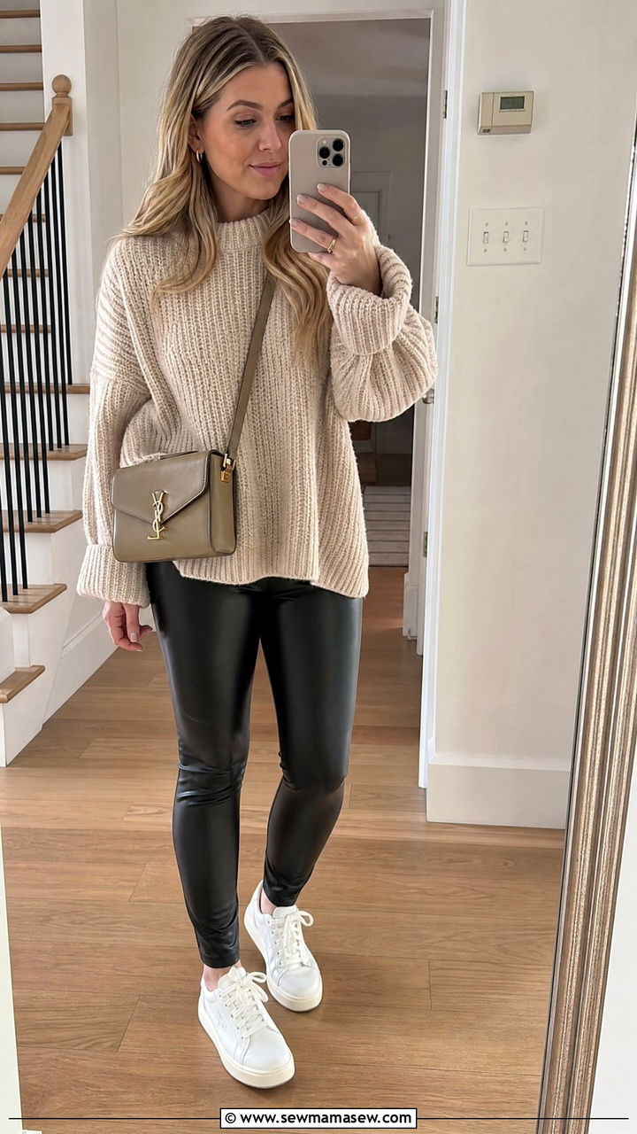 Oversized sweater and leather leggings outfit - 25 casual birthday outfits