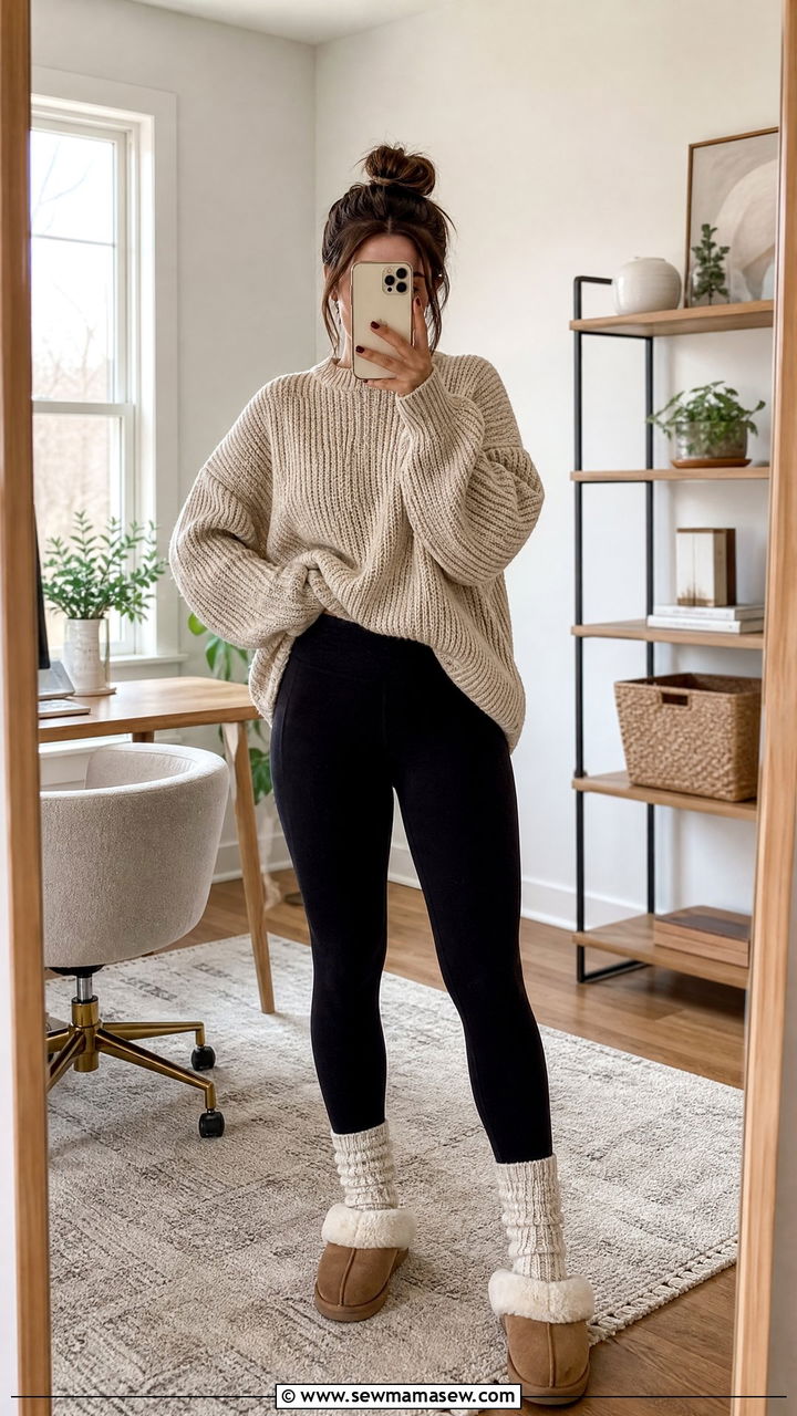 Oversized sweater and leggings outfit - 35 Loungewear outfit ideas for work from home