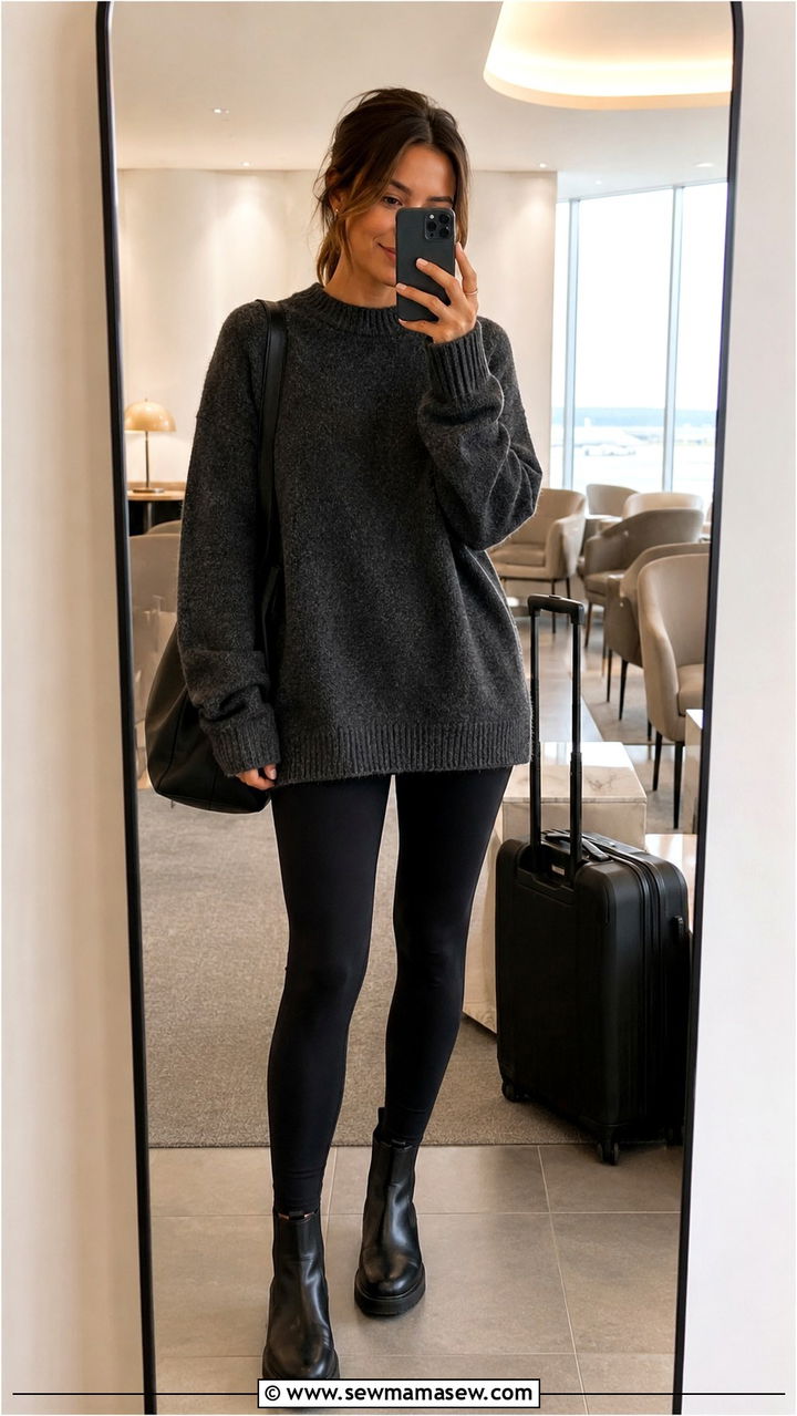 Oversized sweater and leggings travel outfit - 25 Minimalist travel capsule wardrobe