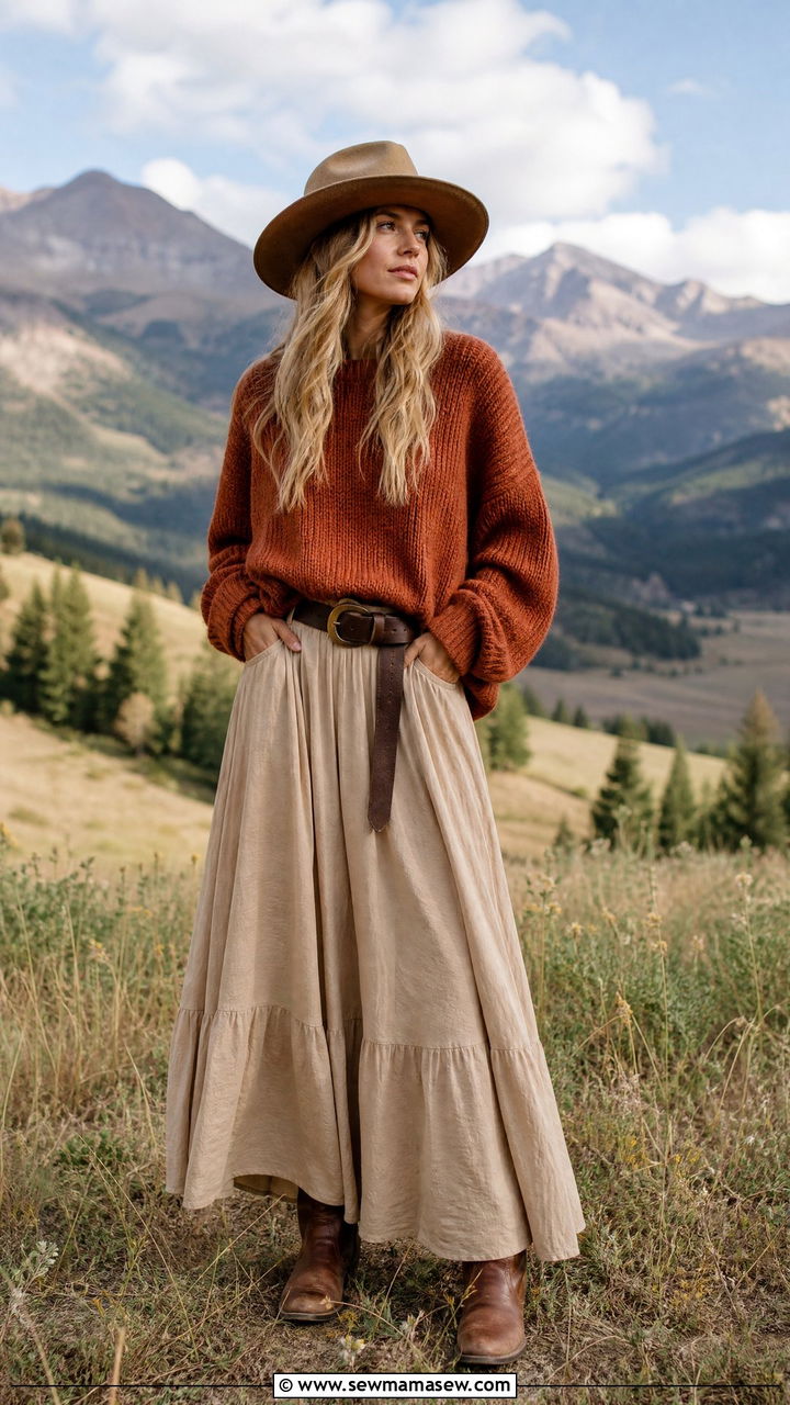 Oversized sweater and maxi skirt with flat boots - 25 Modest outfit ideas for mountain trip