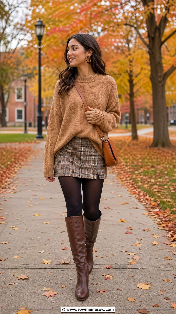 Oversized sweater and mini skirt fall outfit - 35 First day of college outfit ideas