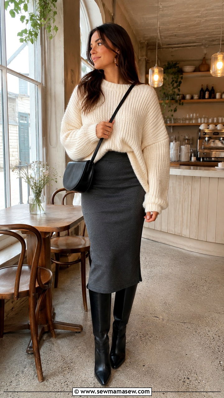 Oversized sweater and pencil skirt with knee high boots - 30 Pencil skirt outfit ideas with boots
