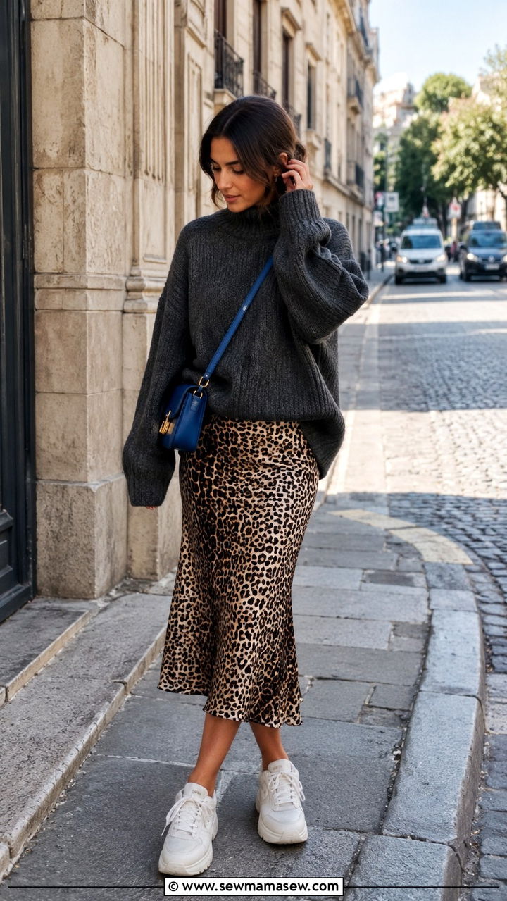 Oversized sweater and satin leopard midi skirt with sneakers - 20 cute Pinterest outfits