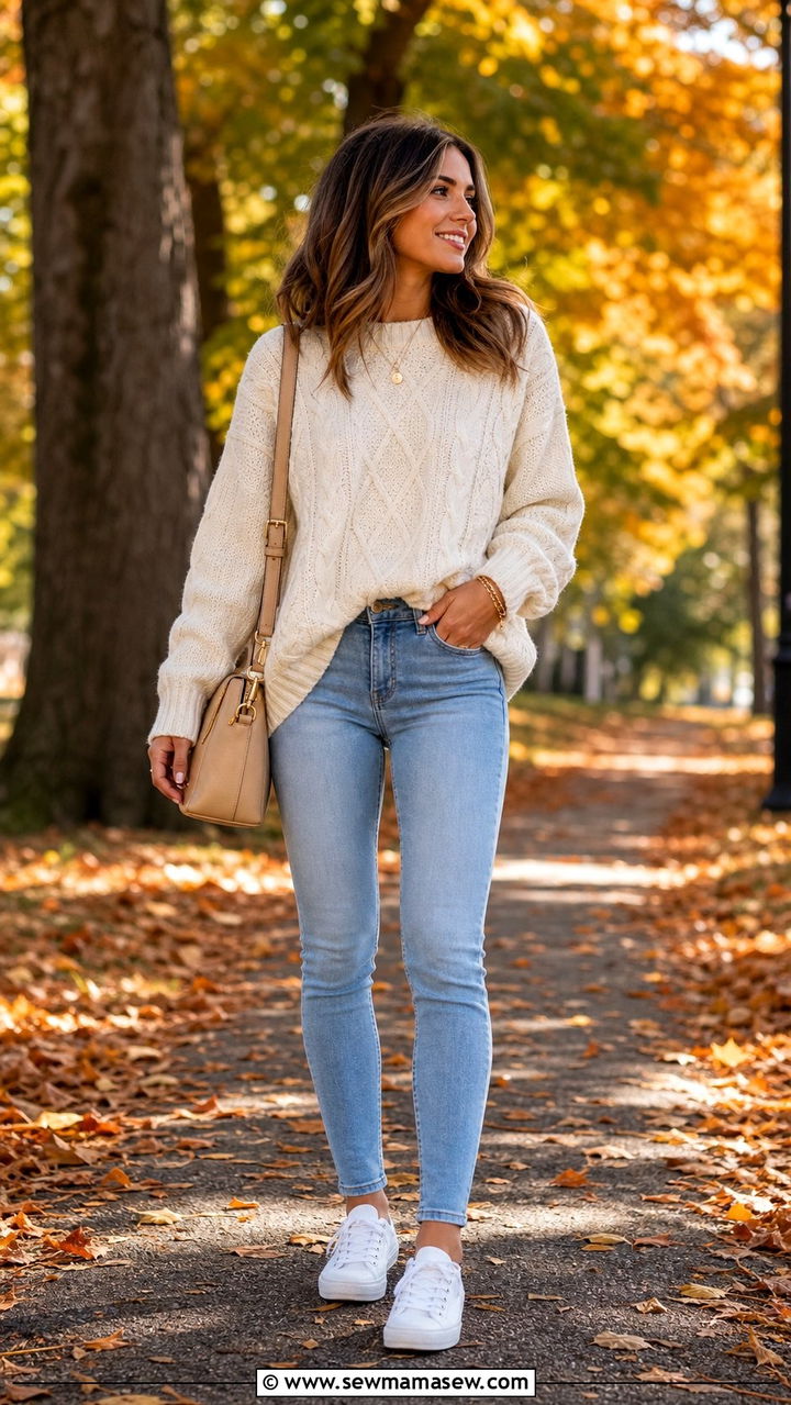 Oversized sweater and skinny jeans with white sneakers - 25 Skinny jeans outfit ideas with white sneakers