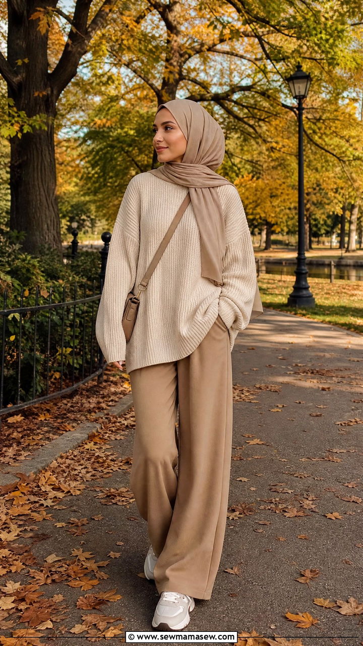 Oversized sweater and wide leg pants with hijab - 30 hijab outfit ideas