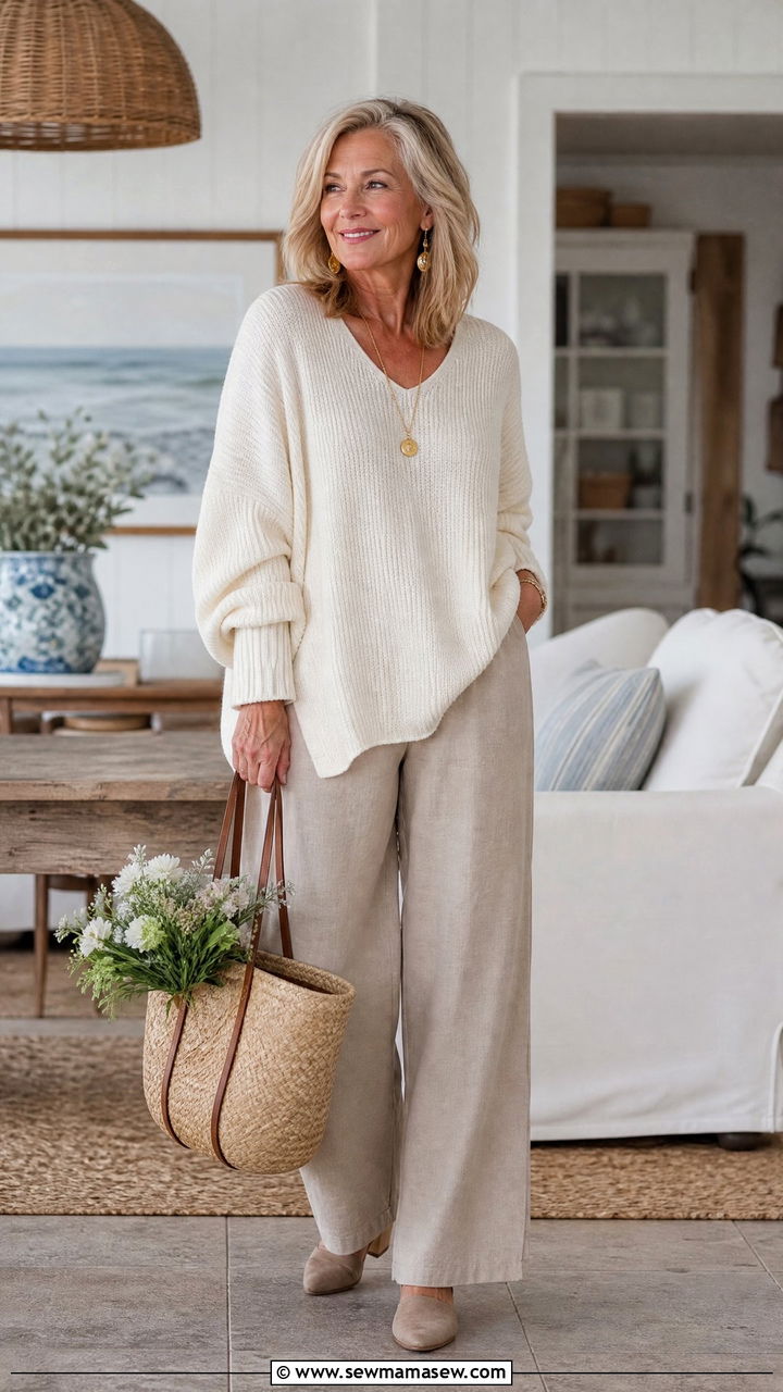 Oversized sweater and wide leg trousers outfit - 30 Coastal grandmother outfits for women over 60