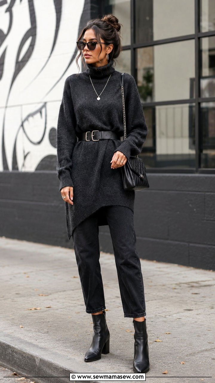 Oversized sweater dress with barrel jeans and ankle boots - 25 Barrel jeans outfit ideas with a sweater